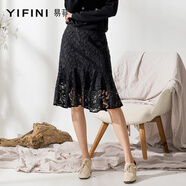 易菲（YIFINI）黑色蕾絲半身裙女高腰顯瘦魚尾裙中長款一步裙半裙春2102Q954 黑色 0S