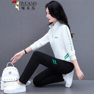 啄木鳥(niǎo)品牌polo領(lǐng)衛衣休閑運動(dòng)套裝女2025秋季新款中年女裝秋裝兩 白衛衣+黑長(cháng)褲(兩件套) M 適合80-95斤