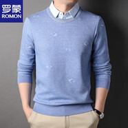 羅蒙（ROMON）假兩件毛衣襯衫領(lǐng)秋冬季商務(wù)休閑職業(yè)裝針織衫男裝體恤打底衫上衣 BJ025湖藍【春秋款】 165/M