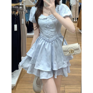 與欣學(xué)院風(fēng)連衣裙子女2024新款法式短款泡泡袖仙女蓬蓬裙夏季A字裙 藍(lán)色 均碼（可備注碼數(shù)）