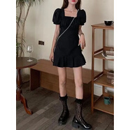 GOCHIEI短款連衣裙女2025新款時(shí)尚荷葉邊修身收腰方領(lǐng)小個(gè)子A字包臀裙潮 黑色 L