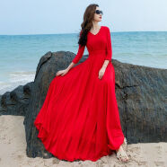 2021夏季七分袖雪纺红色连衣裙女春秋长款大摆沙滩裙显瘦修身气质 红色 L (100-110斤)