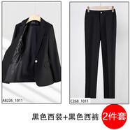 簡蜓夾棉黑色小西裝外套女冬季加厚新款保暖氣質(zhì)職業(yè)裝套裝西服正裝秋 常規(guī)-黑色（西裝+西褲） XL （建議：110-120斤）