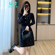 綠夕（REAXUR）女士高檔連衣裙女秋冬2025新款高端時(shí)尚針織氣質(zhì)毛衣裙赫本風(fēng)收腰 黑色 S