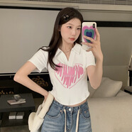 風(fēng)采兔 100%純棉polo領(lǐng)印花正肩短袖t恤女夏季遮肚子不規(guī)則短款辣妹上衣 白色 S