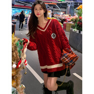 名芮珊雞心領(lǐng)毛衣女中長(zhǎng)款低領(lǐng)秋冬季女寬松外穿上衣慵懶風(fēng)韓版麻花套頭 紅色 S 【建議80-95斤】