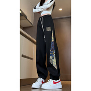 QGF新中式國風褲子女春秋季新款休閑褲小眾寬松顯瘦直筒束腳運動衛(wèi)褲 黑色 XL