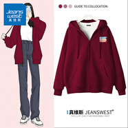 真維斯（JEANSWEST）衛(wèi)衣女春秋季新款外套女開衫連帽情侶男女裝上衣服小個子休閑寬松 酒紅 多彩人生_K M