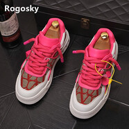 Rogosky香港潮牌男鞋子四季款透氣低幫休閑鞋韓版牛皮拼布一腳蹬懶人板鞋 玫紅色標準版 38（皮鞋碼）
