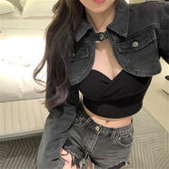 VEOX春夏披肩外搭超牛仔外套短款女設計感正肩辣妹高腰牛仔夾克上衣 黑色 8820 M
