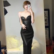弗依郝小個(gè)子皮裙連衣裙歐美復(fù)古V領(lǐng)吊帶女2023年新款拉鏈露背高腰開叉 黑色 S