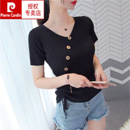 皮爾卡丹（pierre cardin）冰絲V領(lǐng)抽繩短袖t恤女夏季新款系帶紐扣套頭修身針織打底衫女上衣 黑色 S【建議80-95斤】