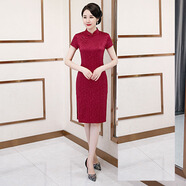 塵緣煙云桑蠶絲旗袍裙女夏改良時(shí)尚中長(zhǎng)款新中式修身禮服婚宴媽媽真絲旗袍 酒紅色 L