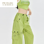 FR.YH.ZHsimple簡(jiǎn)粉色工裝褲夏季高腰闊腿直筒休閑設計感速干美式運動(dòng)褲 牛油果綠 S 【建議152-159cm穿】