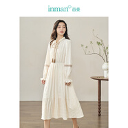 茵曼（INMAN）荷葉領(lǐng)連衣裙秋季女裝新品長袖遮胯大擺長裙 田園杏 XL