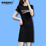 WABAOLI大碼連衣裙女2024夏裝新款字母印花寬松休閑胖妹妹開叉短袖直筒裙 黑色 Bydydayuan 3XL 建議體重 (135-150斤)