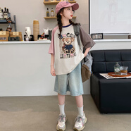 巴萊恩娜女童短袖t恤套裝2025夏裝新款大童女孩夏季休閑直筒牛仔褲兩件套9 套裝【短袖+中褲】 150cm
