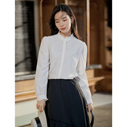 茵曼法式木耳邊提花女裝立領(lǐng)襯衫t恤洋氣顯瘦泡泡袖襯衣上衣 象牙白 L