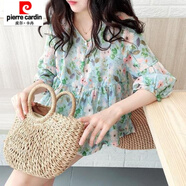 皮爾卡丹娃娃衫上衣夏季女韓版寬松襯衣甜美洋氣a字蓬蓬碎花小衫中袖襯衫 藍(lán)底粉花 S 建議100斤以下