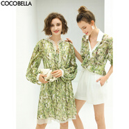 COCOBELLA肌理感壓褶花卉印花連衣裙女優(yōu)雅高腰長(cháng)袖雪紡裙FR512 碎花 M