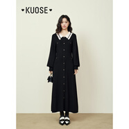 闊色（kuose）小香風(fēng)黑色長(zhǎng)袖針織連衣裙女秋冬半高領(lǐng)毛衣a字收腰長(zhǎng)裙 黑色8001 L