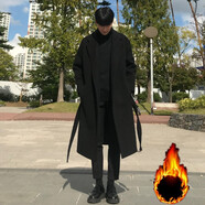 BOYXCO中長款風(fēng)衣男冬季加棉加厚呢子港風(fēng)寬松大碼保暖毛呢時尚大衣襖子 系帶款黑色加棉 M