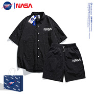 WHIM NASA短袖襯衫套裝男生夏季新款學(xué)生潮牌襯衣短褲一套裝青少年夏日神褲 黑色+黑色 XL