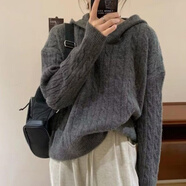 麥婭洛帶帽毛衣秋冬女慵懶風(fēng)復古麻花連帽新款小個(gè)子內搭打底針織衫灰色 灰色 L
