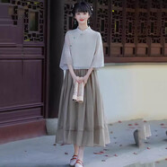 妍莉芬（yanlifen）新中式禪意茶服旗袍套裝女日常改良漢服文藝國風顯瘦溫柔連衣裙夏 深杏色上衣+咖啡色半裙 M