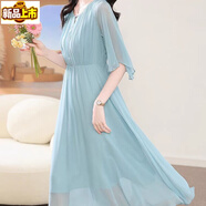 Sorrynam真絲連衣裙夏季2024新款名媛氣質(zhì)高端法式溫柔桑蠶絲 淺藍色 3344 L