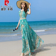 皮爾卡丹2024夏季新款超仙時(shí)尚真絲桑蠶絲連衣裙氣質(zhì)修身沙灘大擺長(zhǎng)裙 綠色碎花 2XL