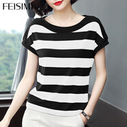 FEISIMI輕奢潮牌短袖t恤女衣服女裝休閑夏季新款2025夏裝服飾寬松上衣 黑白 2XL