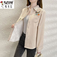 啄木鳥(niǎo)（TUCANO）秋冬新款長(cháng)袖大尺碼保暖襯衣女豎條紋狐貍刺繡學(xué)生韓版加絨加厚襯 狐貍條紋米色【加絨款】 2XL