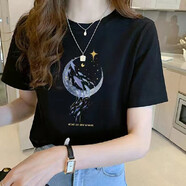 玖卡依純棉短袖t恤女2025夏季女裝新款韓版寬松體恤衫休閑半袖打底衫 黑色-星球 L 建議105-115斤