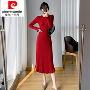 皮爾卡丹（pierre cardin）2024春秋中長(cháng)款過(guò)膝毛衣裙子荷葉邊收腰魚(yú)尾內搭打底針織連衣裙女 紅色 S