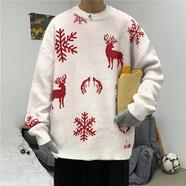 嘉曄紅色毛衣麋鹿圣誕毛衣男冬季寬松情侶針織衫潮流百搭加厚保暖 白色 XL