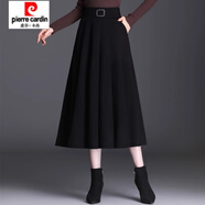 皮爾卡丹（pierre cardin）毛呢半身裙女秋冬新款中長款大擺傘裙高腰顯瘦遮胯大碼A字長裙潮 西裝面料黑色(帶方扣) 裙長80cm 2XL 【125-135斤】
