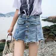 浮澤春夏新款韓版高腰毛邊破洞半身裙短牛仔裙女防走光包臀a字裙 1634#淺藍色裙褲 XS