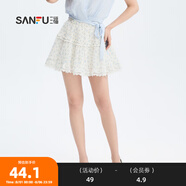 三福半身裙2024夏季碎花防走光內襯雙層短裙女裝483825 白底藍花（花邊下擺） 165/68A/M