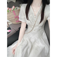 燕潯法式泡泡袖重工刺繡V領(lǐng)連衣裙女夏季修身氣質(zhì)白色收腰顯瘦長裙 米白色 L (建議110-125斤)