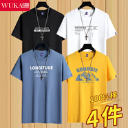 霧卡【純棉4件裝】短袖t恤男圓領(lǐng)棉體恤寬松新款男裝半袖T恤白色小T衫 EXP黑+WES白+LG湖藍+山黃 XL （建議130-150斤）