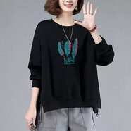 Lauaird高含棉衛(wèi)衣女大碼韓版寬松200斤胖妹妹春秋打底衫上衣長袖圓領(lǐng)T恤 黑色【三支羽毛】 4XL 建議175-200斤