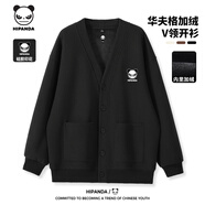 HIPANDA你好熊貓夾克男冬季文藝復古加絨華夫格V領(lǐng)開(kāi)衫垂墜質(zhì)感溫暖舒適 黑#PP憤怒熊字母(立體硅 L