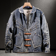 擇肯機車(chē)騎士鉚釘牛仔外套男2024春秋新款復古大碼機能風(fēng)朋克夾克上衣 復古藍 XL ( 體重131-145斤 )