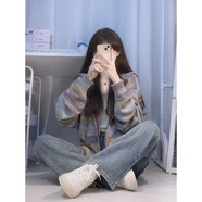 韓璐嬌（hanlujiao）衛(wèi)衣女春秋款學(xué)生寬松慵懶風(fēng)條紋連帽毛衣女休閑長袖外套開衫上衣 衛(wèi)衣外套 L 建議108-120斤