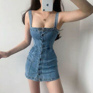LANWEIFEILEI連衣裙新款性感低胸單排扣彈力顯瘦露背牛仔背帶裙女 淺藍(lán)色【商域】 2XL 【建議125-140斤】