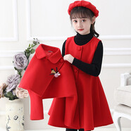 藍(lán)貝妮童裝女童連衣裙秋冬季兒童套裝拜年服裝女孩冬裝過年衣服大童女裝 紅色（裙子+外套+帽子+毛衣） 120碼建議身高110CM