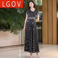 LGOV黑色醋酸連衣裙女2025年夏季新款感時(shí)尚減齡顯瘦長(zhǎng)裙子女 黑底幾何圖案 S