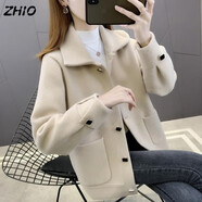 ZHIO雙面毛呢外套女2025春秋新款韓版寬松仿水貂毛開衫加厚短款上衣 米白色 XL 120斤-130斤