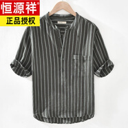 恒源祥日系棉麻短袖T恤男裝夏季青年薄款立領(lǐng)半袖上衣豎條紋五分袖t恤 黑色 高質(zhì)量 M 適合身高160以下